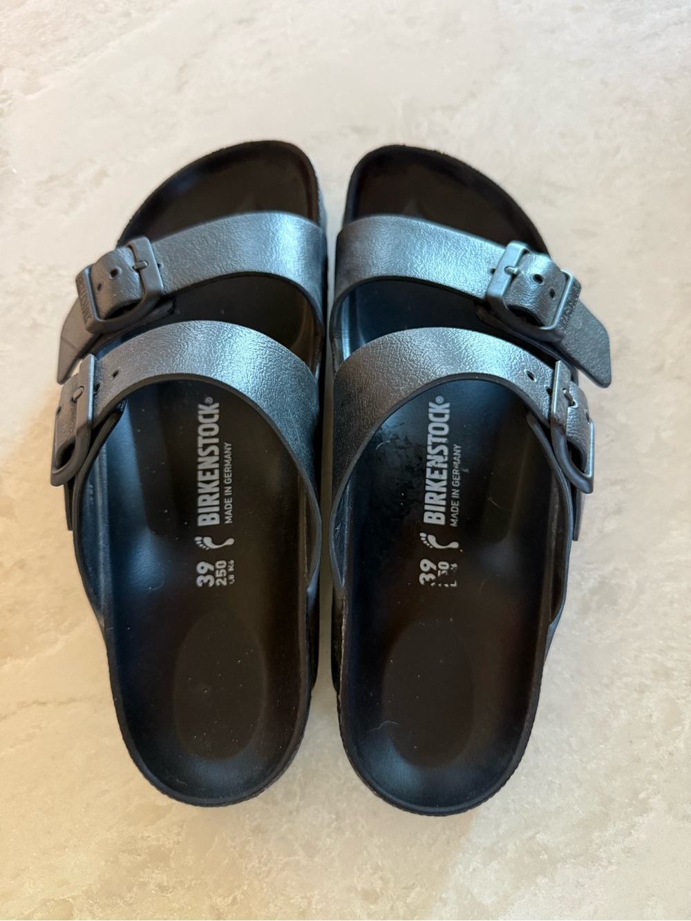 Birkenstock Arizona Metallic Gunmetal Two-Strap Sandals
